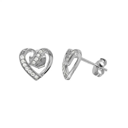 925 Sterling Silver Rhodium Plated CZ Open Overlap Heart Stud Earrings