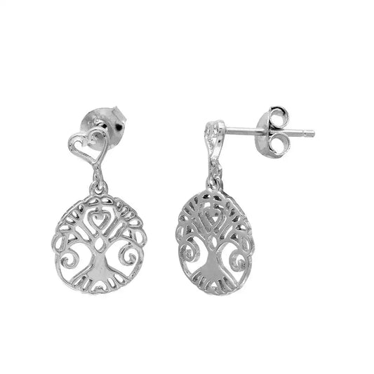 925 Sterling Silver Rhodium Plated Tree Of Life Outline Disc Dangling Earrings
