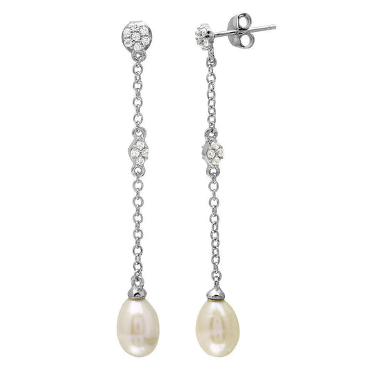 925 Sterling Silver Rhodium Plated Dangling CZ and Fresh Water Pearl Earrings