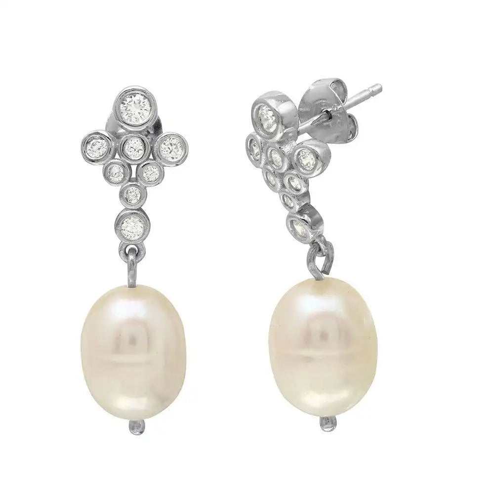 925 Sterling Silver Rhodium Plated Bubble Stud Earrings with Dangling Fresh Water Pearls