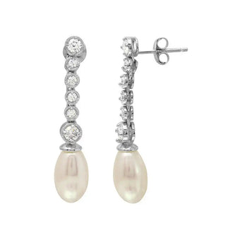 925 Sterling Silver Rhodium Plated Bubble Dangling Earrings with Fresh Water Pearl
