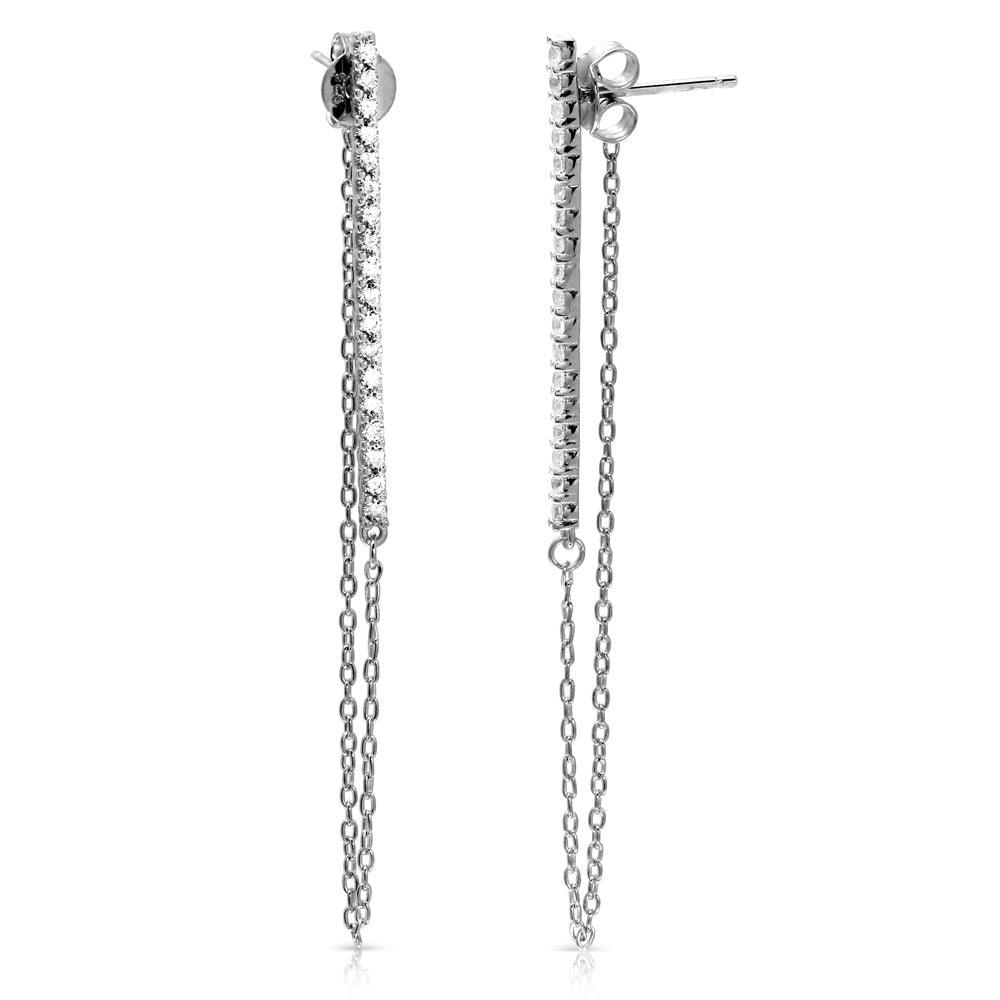 925 Sterling Silver Rhodium Plated Vertical Line Bar with CZ Earrings