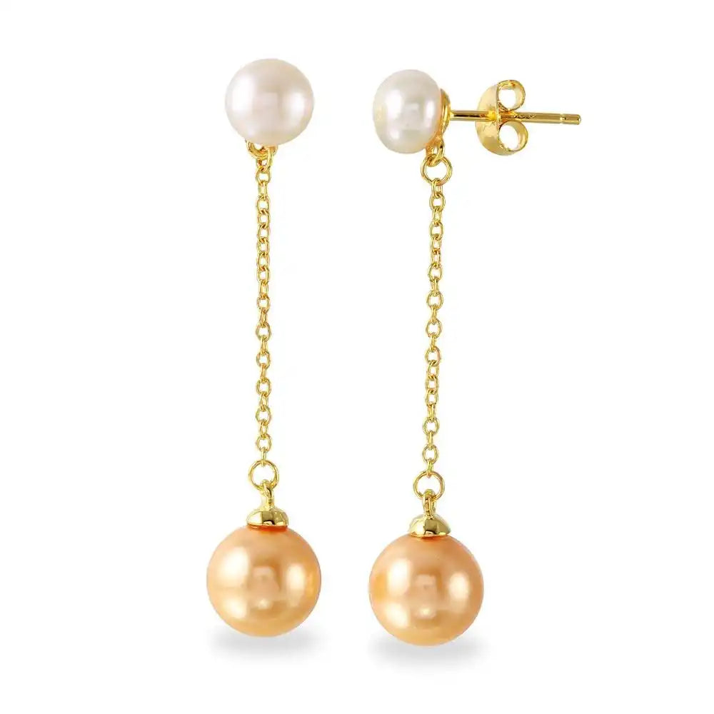 925 Sterling Silver Gold Plated Fresh Water Pearl with Dangling Synthetic Pearl Earrings