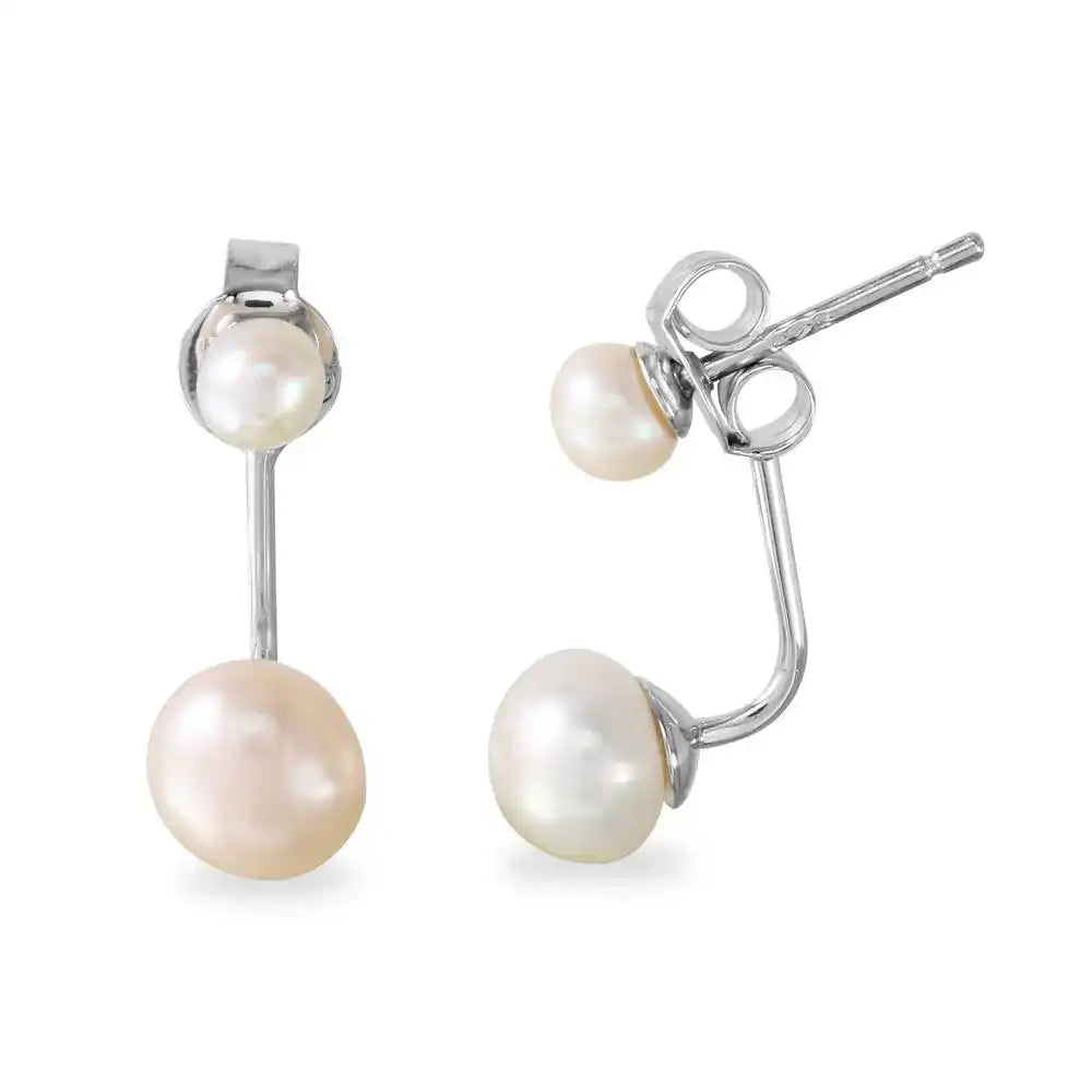 925 Sterling Silver Rhodium Plated Dropped Fresh Water Pearl Front and Back Earrings