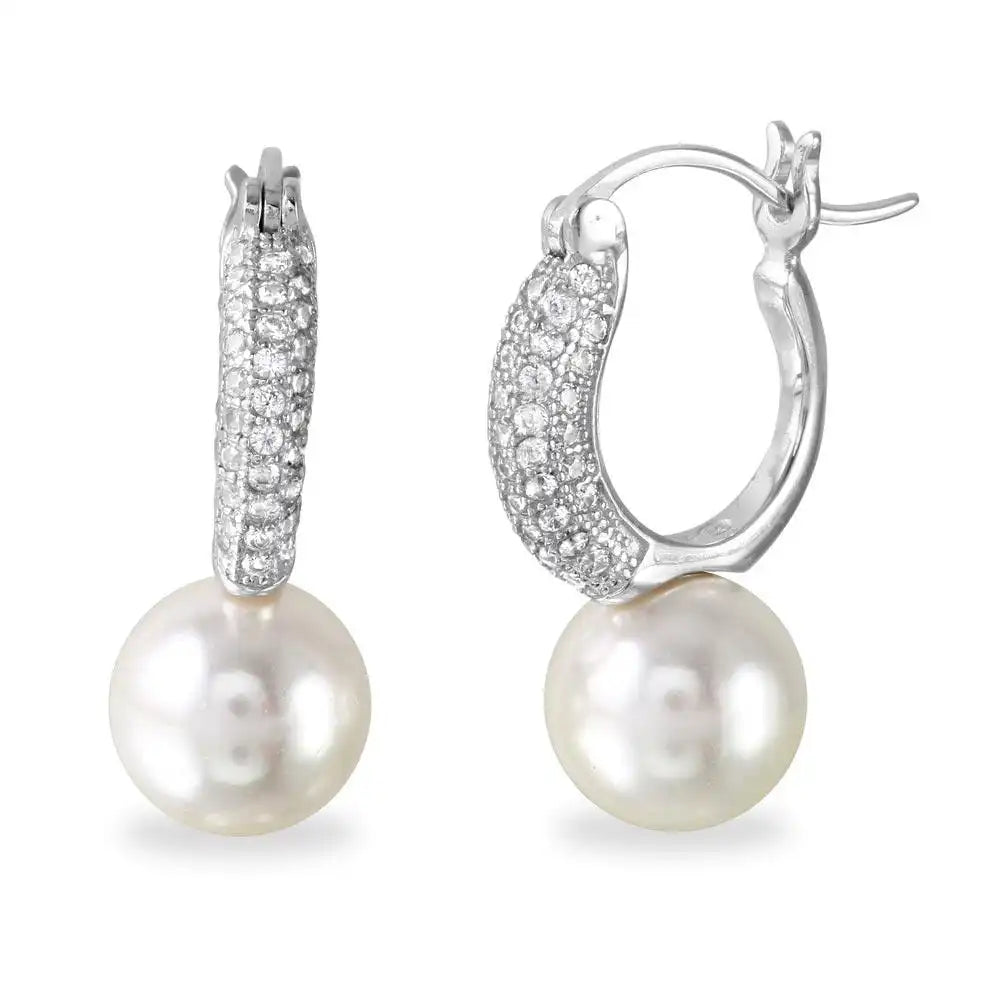 925 Sterling Silver Rhodium Plated Dropped Synthetic Pearl huggie hoop Earrings with CZ