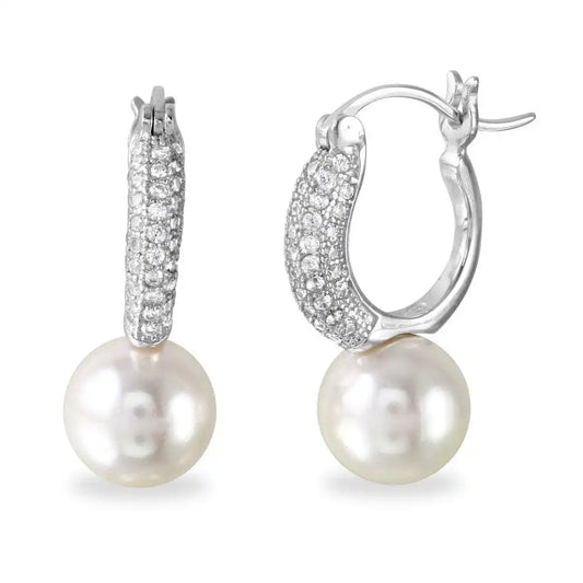 925 Sterling Silver Rhodium Plated Dropped Synthetic Pearl huggie hoop Earrings with CZ