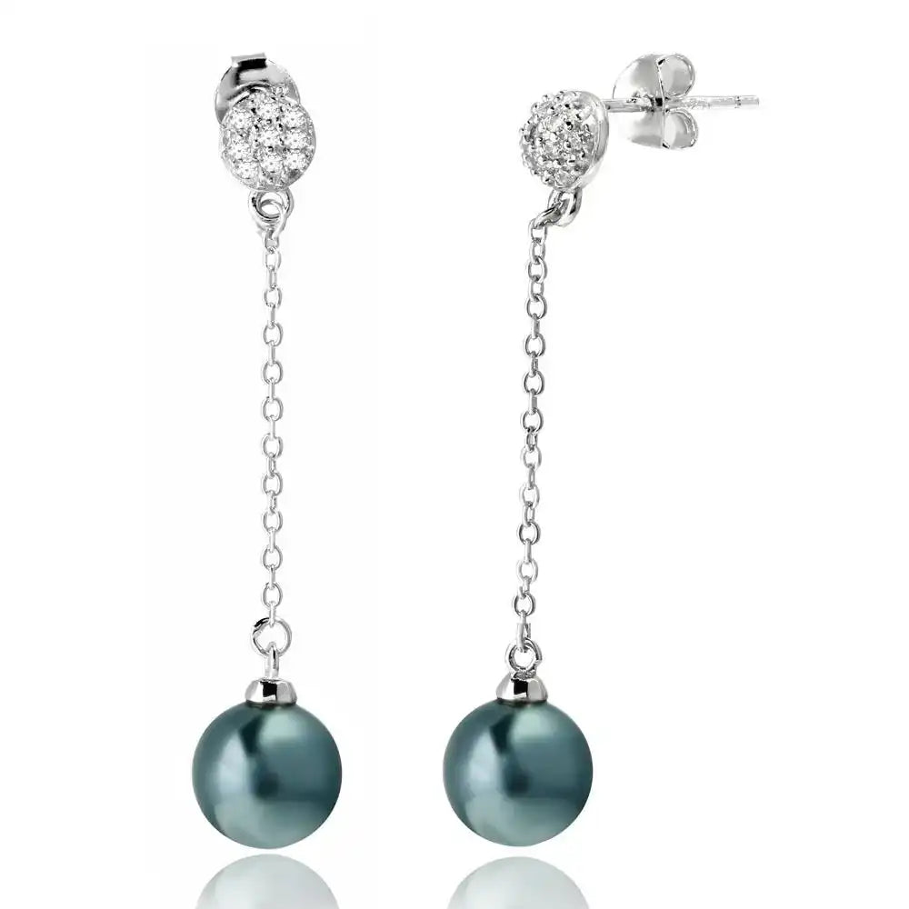 925 Sterling Silver Rhodium Plated Half Ball CZ with Dangling Synthetic Grey Pearls