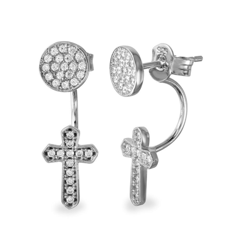 925 Sterling Silver Rhodium Plated Circle and Dropped Cross CZ Front and Back Earrings
