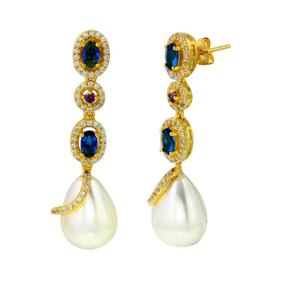 925 Sterling Silver Gold Plated Multi Color CZ Dangling Earring with CZ Wrapped Synthetic Pearls