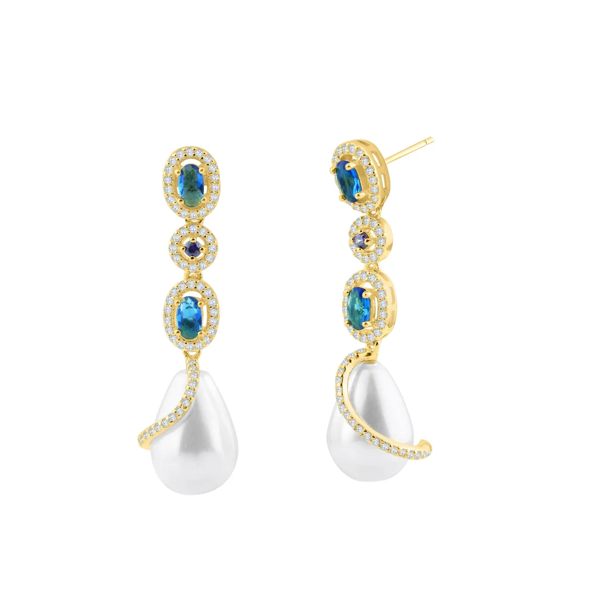 925 Sterling Silver Gold Plated Multi Color CZ Dangling Earring with CZ Wrapped Synthetic Pearls