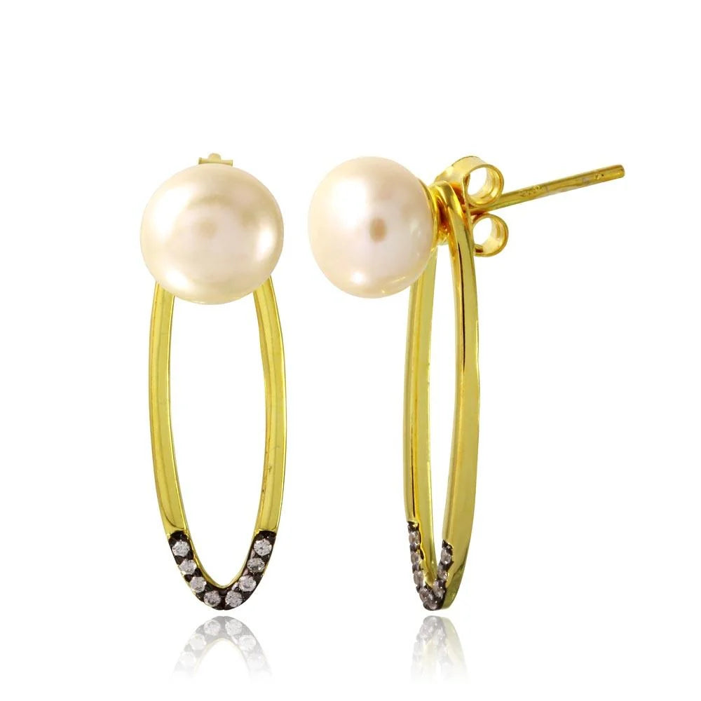 925 Sterling Silver Gold Plated Fresh Water Pearl with Hanging Open Oval CZ