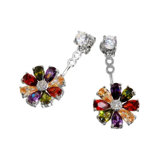 925 Sterling Silver Rhodium Plated Multi Color Sunflower Hanging Front and Back Earrings