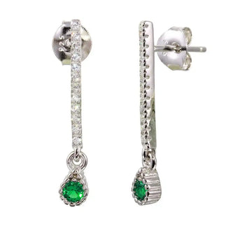 925 Sterling Silver Rhodium Plated Green CZ Bar Drop Earrings
