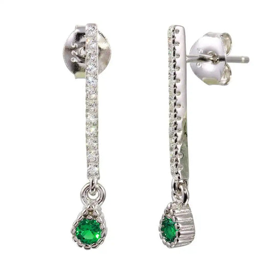 925 Sterling Silver Rhodium Plated Green CZ Bar Drop Earrings