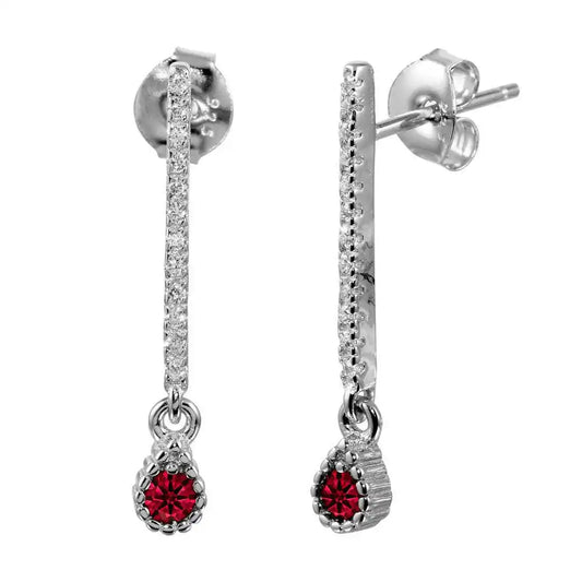 925 Sterling Silver Rhodium Plated Red CZ Bar Drop Earrings