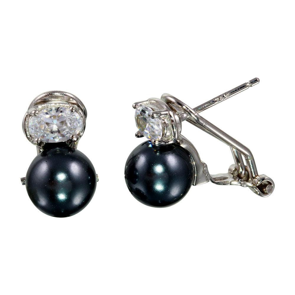 925 Sterling Silver Rhodium Plated Synthetic Gray Pearl with Oval CZ Lever Back Earrings