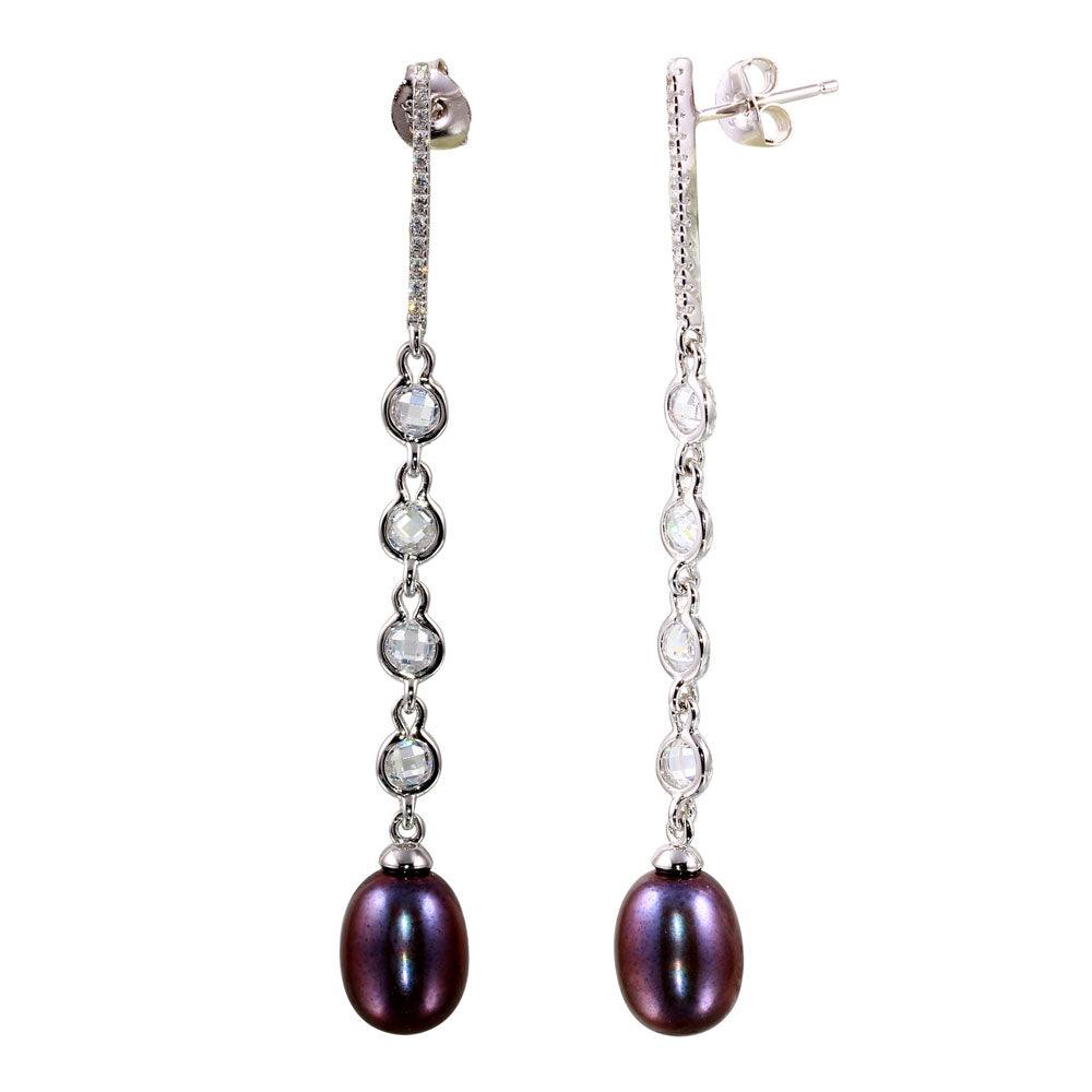 925 Sterling Silver Rhodium Plated CZ Bar Fresh Water Black Pearl Drop Earrings