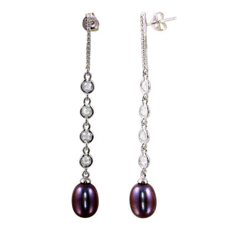 925 Sterling Silver Rhodium Plated CZ Bar Fresh Water Black Pearl Drop Earrings