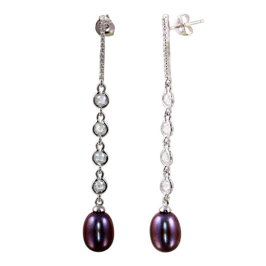 925 Sterling Silver Rhodium Plated CZ Bar Fresh Water Black Pearl Drop Earrings