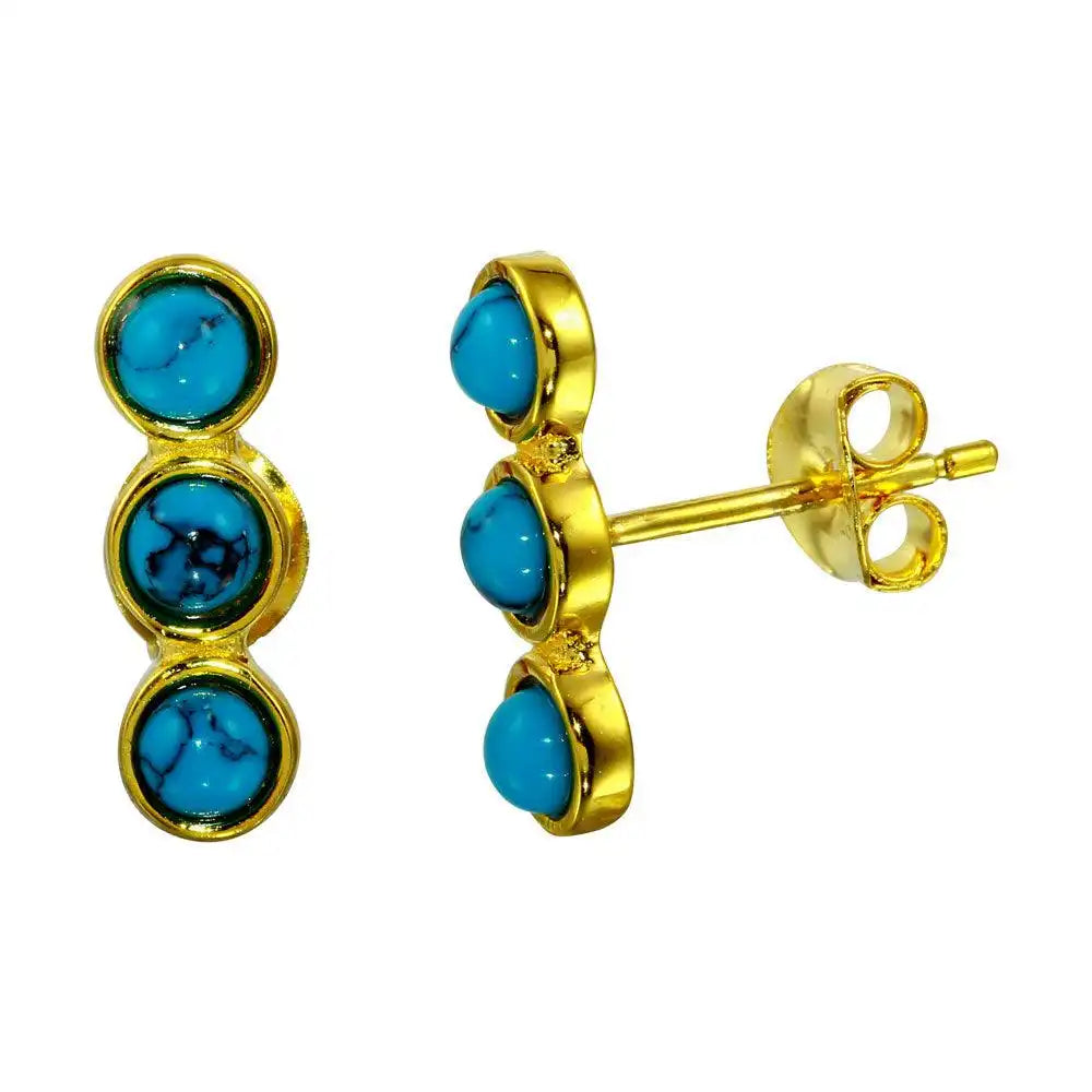925 Sterling Silver Gold Plated 3 Round Turquoise Earrings
