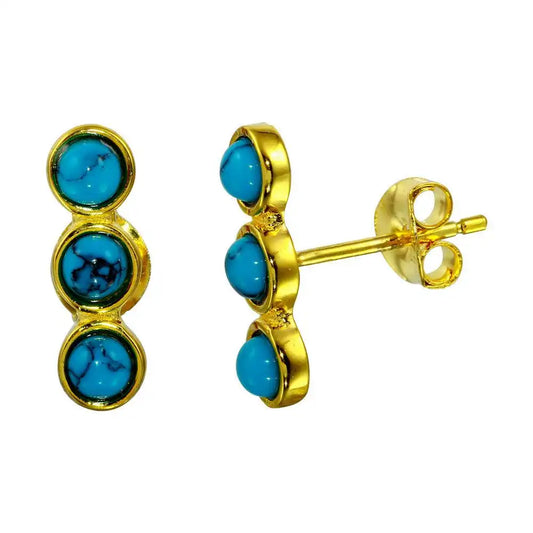 925 Sterling Silver Gold Plated 3 Round Turquoise Earrings