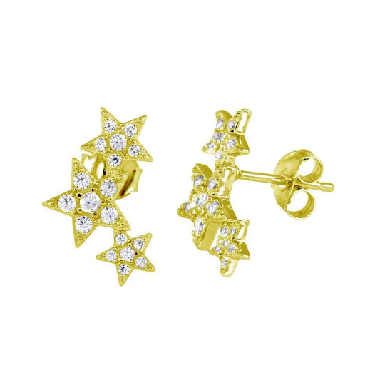 925 Sterling Silver Gold Plated Three Star Stud Earrings