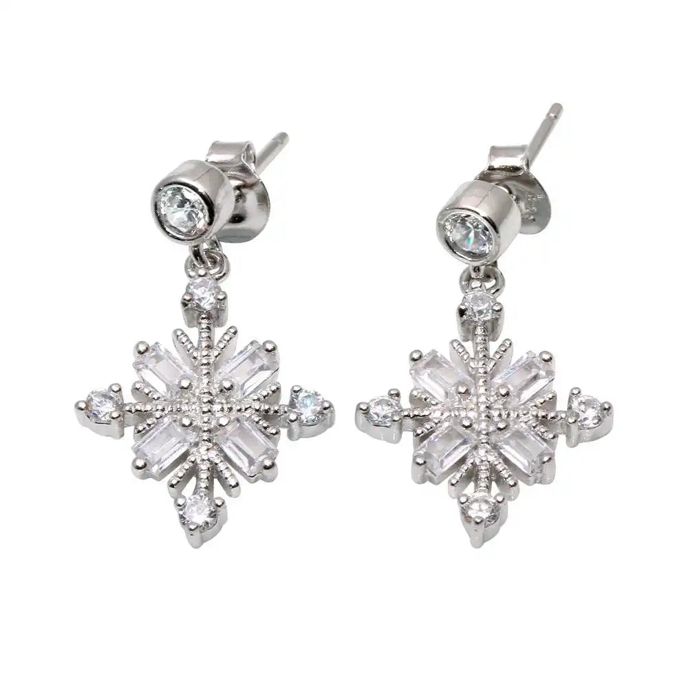 925 Sterling Silver Rhodium Plated Drop Snowflake Earrings