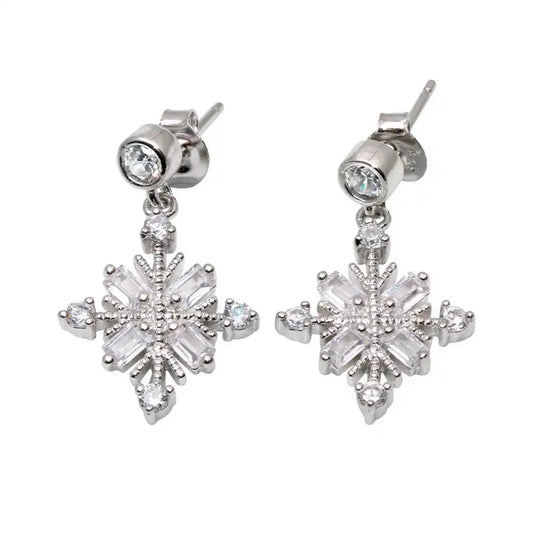 925 Sterling Silver Rhodium Plated Drop Snowflake Earrings