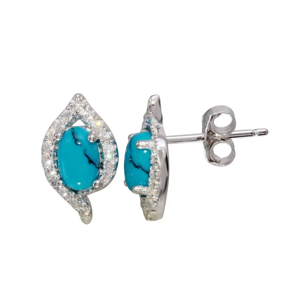 925 Sterling Silver Rhodium Plated Stud Earrings with Turquoise and CZ Stones