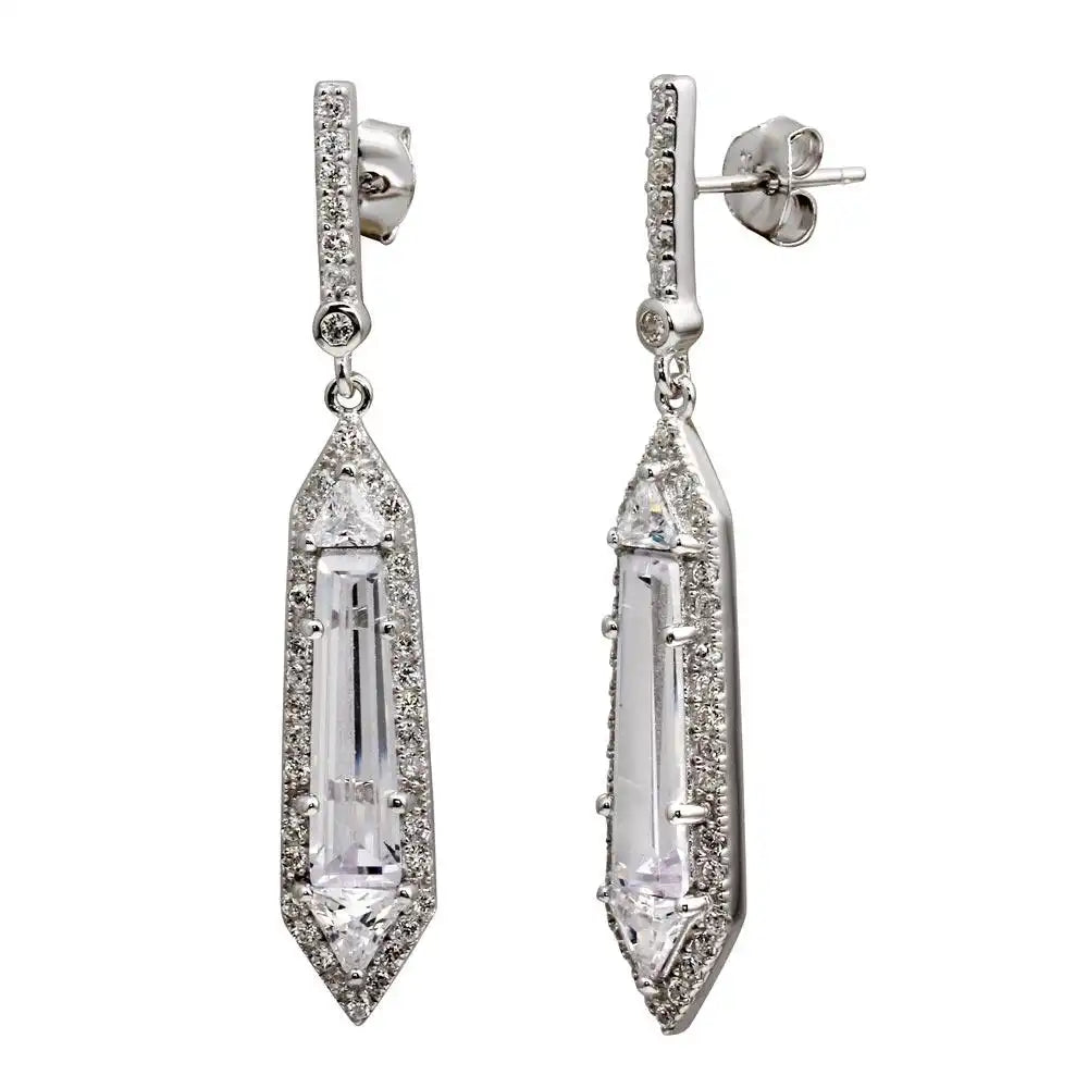 925 Sterling Silver Rhodium Plated Dangling Clear CZ Earrings