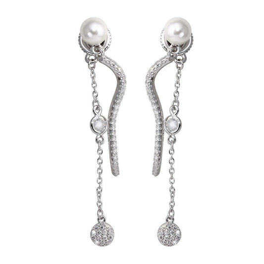 925 Sterling Silver Rhodium Plated Front and Back Dangling Earrings with CZ and Synthetic Pearl