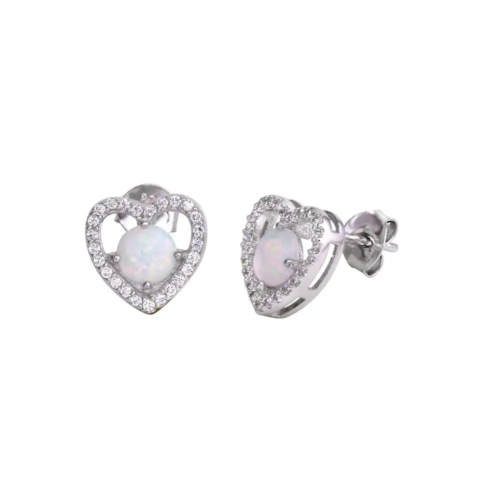 925 Sterling Silver Rhodium Plated Open Heart Stud Earrings with CZ and Synthetic Opals