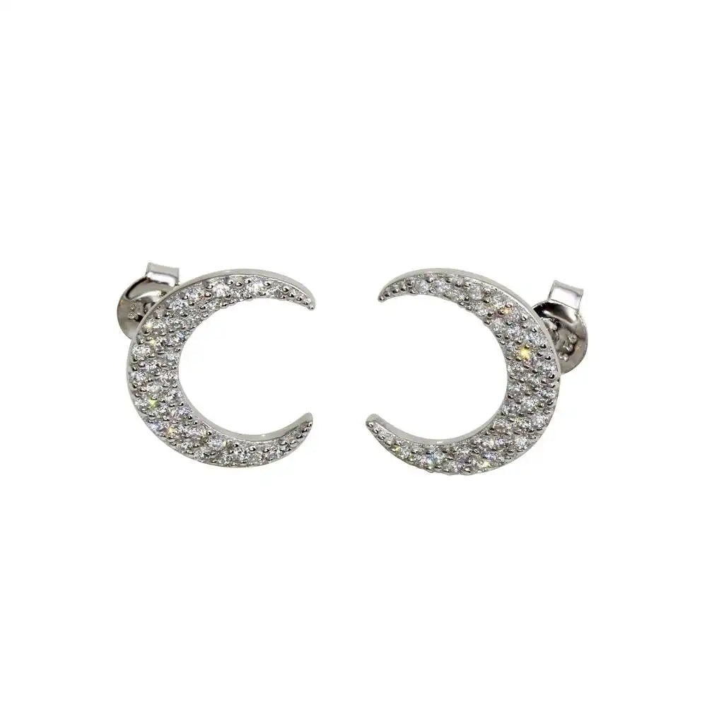 925 Sterling Silver Rhodium Plated Crescent Moon Stud Earrings with CZ