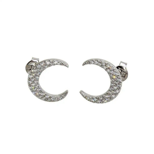 925 Sterling Silver Rhodium Plated Crescent Moon Stud Earrings with CZ