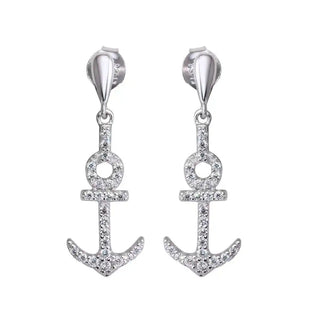 925 Sterling Silver Rhodium Plated Dangling Anchor Earrings with CZ
