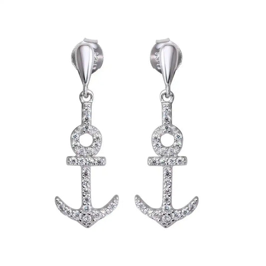 925 Sterling Silver Rhodium Plated Dangling Anchor Earrings with CZ