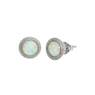 925 Sterling Silver Rhodium Plated Round Synthetic Opal Stud Earrings