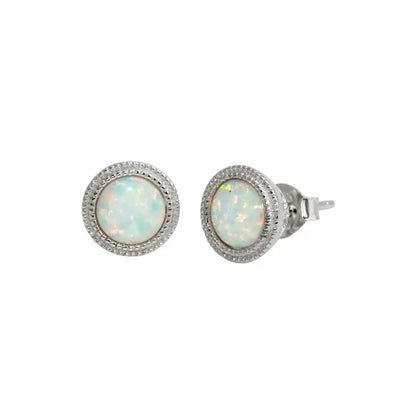 925 Sterling Silver Rhodium Plated Round Synthetic Opal Stud Earrings
