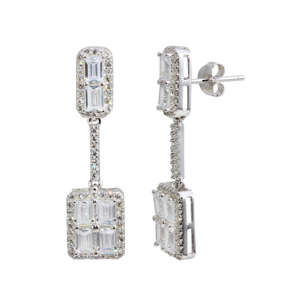 925 Sterling Silver Rhodium Plated Dangling Bar and Square Earrings with CZ
