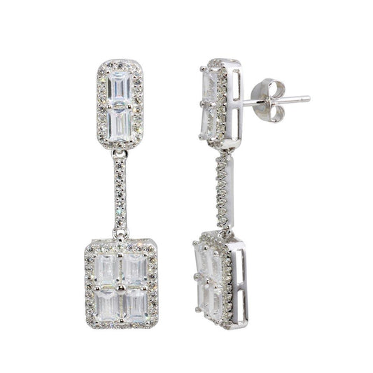 925 Sterling Silver Rhodium Plated Dangling Bar and Square Earrings with CZ