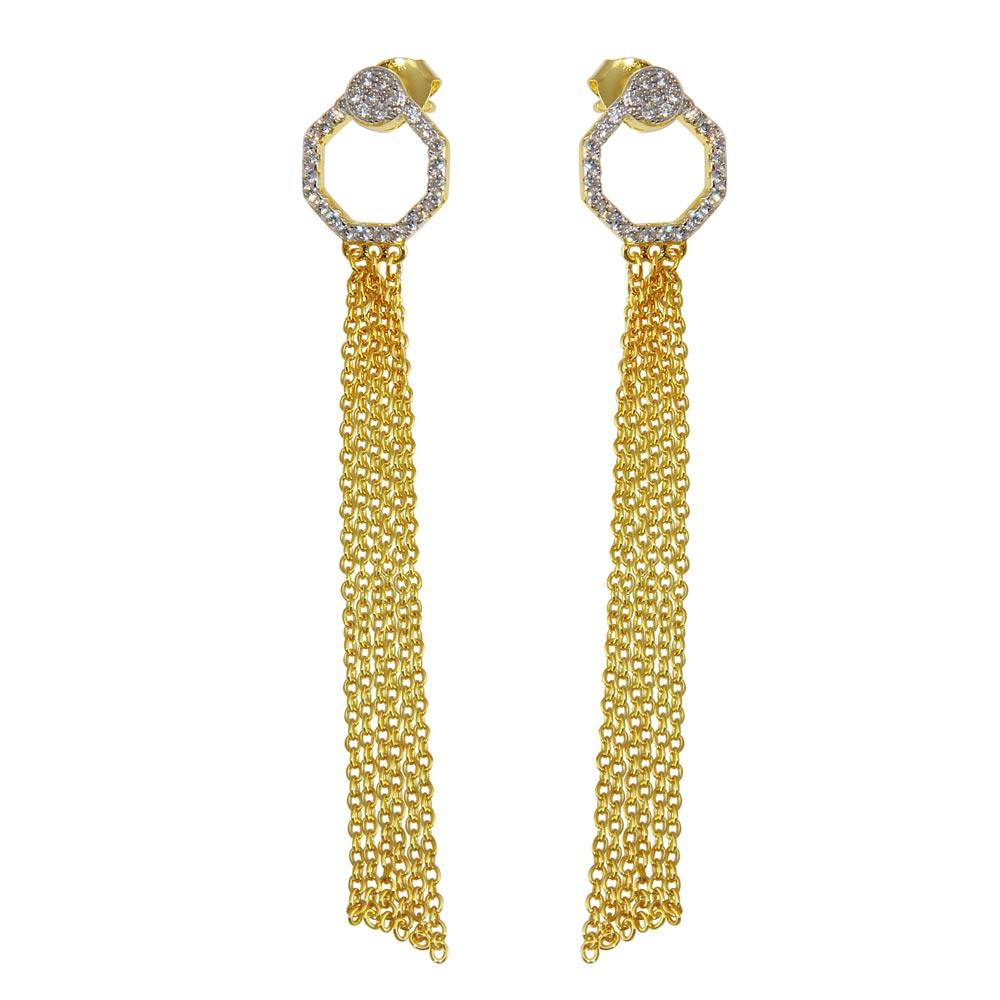 925 Sterling Silver Gold Plated Open Circle CZ Teardrop Chain Dangling Earrings