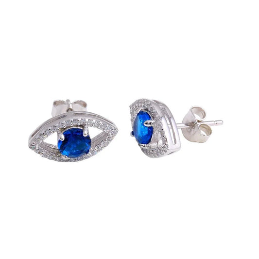 925 Sterling Silver Rhodium Plated Blue CZ Center Evil Eye Stud Earrings