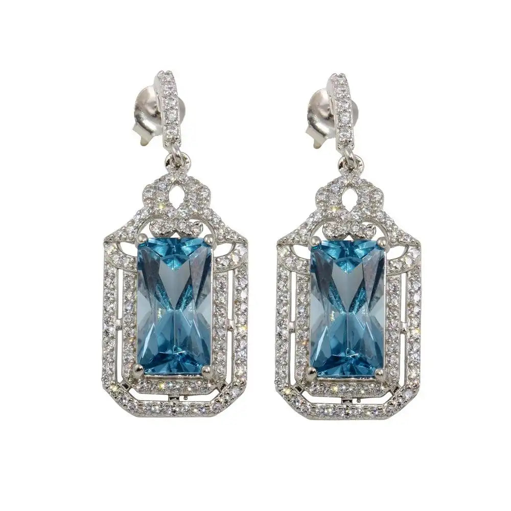 925 Sterling Silver Rhodium Plated Large Dangling Light Blue Earrings