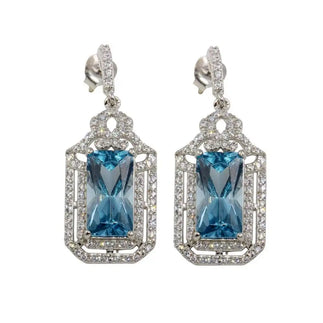 925 Sterling Silver Rhodium Plated Large Dangling Light Blue Earrings
