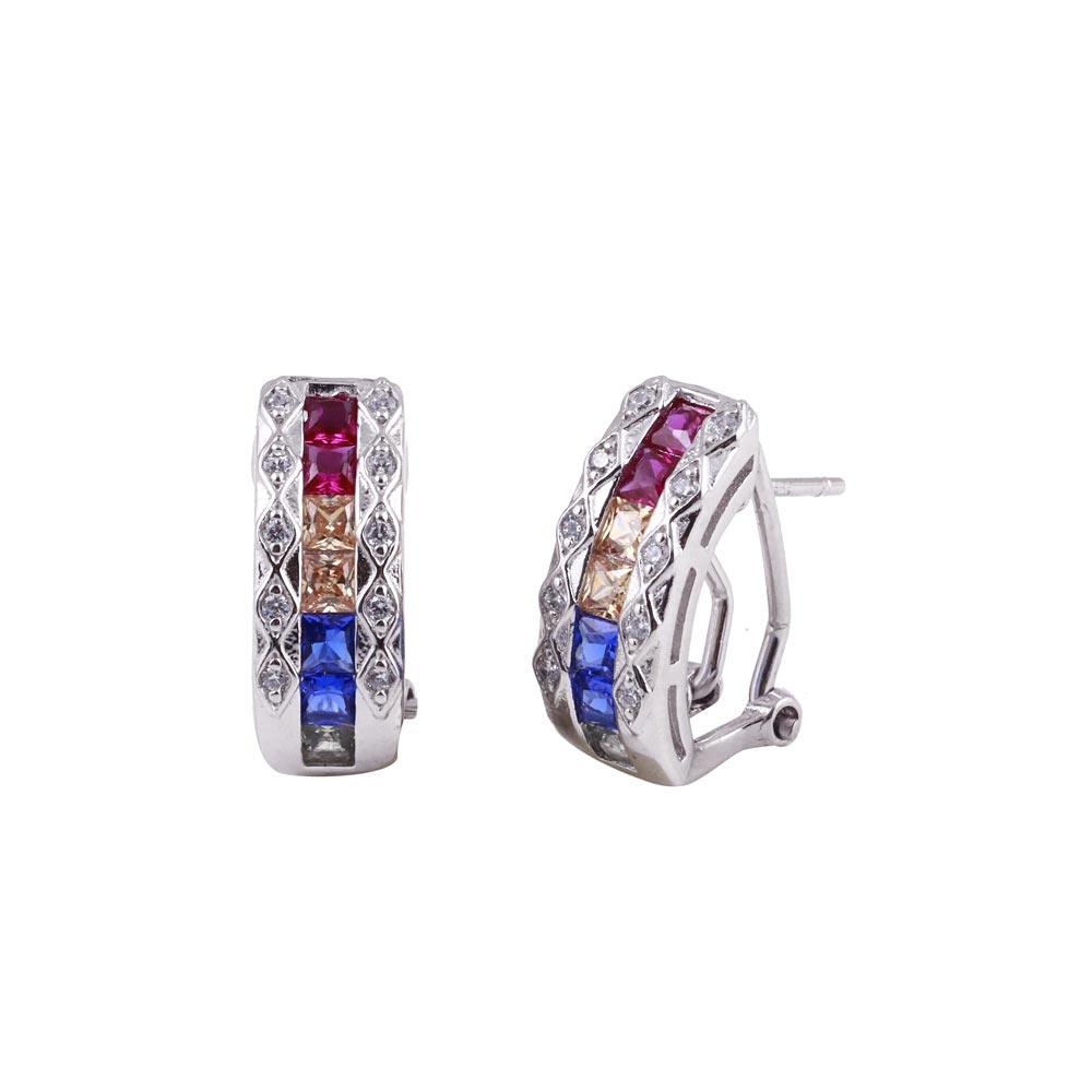 925 Sterling Silver Rhodium Plated Multi-Colored Clip On Hoop Earrings