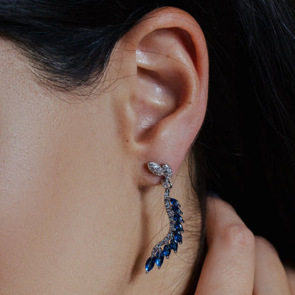 925 Sterling Silver Rhodium Plated Dangling Feather Earrings with Colored CZ