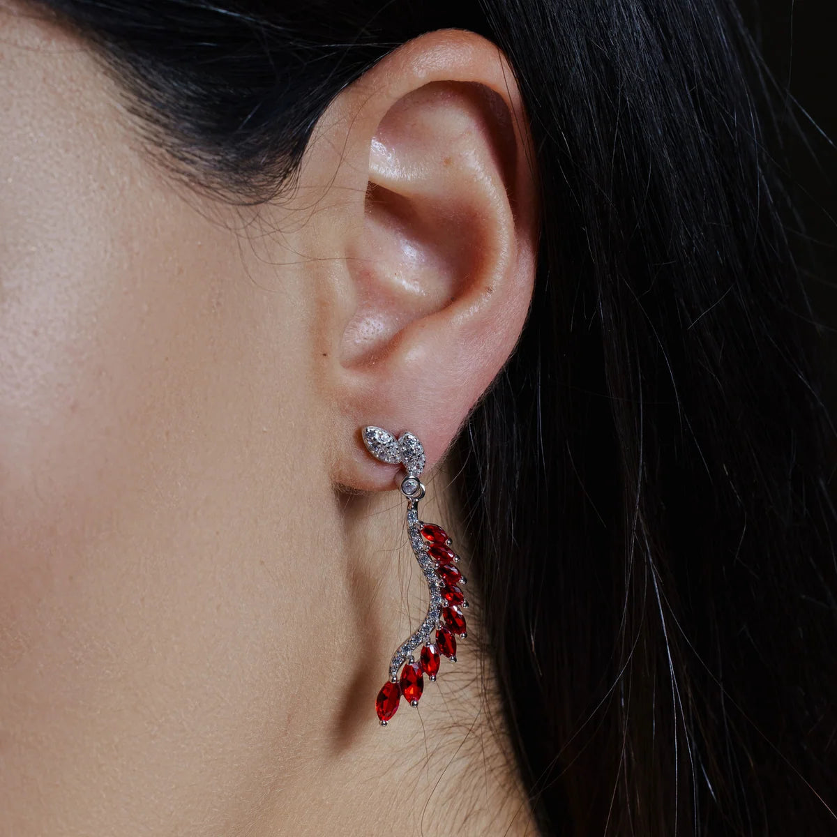 925 Sterling Silver Rhodium Plated Dangling Feather Earrings with Colored CZ