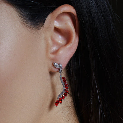 925 Sterling Silver Rhodium Plated Dangling Feather Earrings with Colored CZ