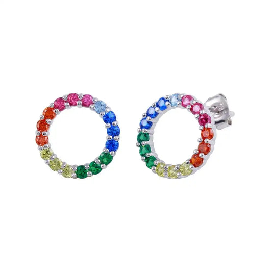 925 Sterling Silver Rhodium Plated Rainbow Open Circle Stud Earrings