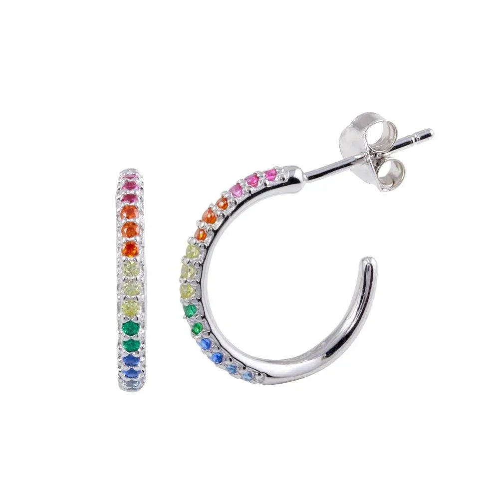 925 Sterling Silver Rhodium Plated CZ Rainbow Semi Hoop Earrings